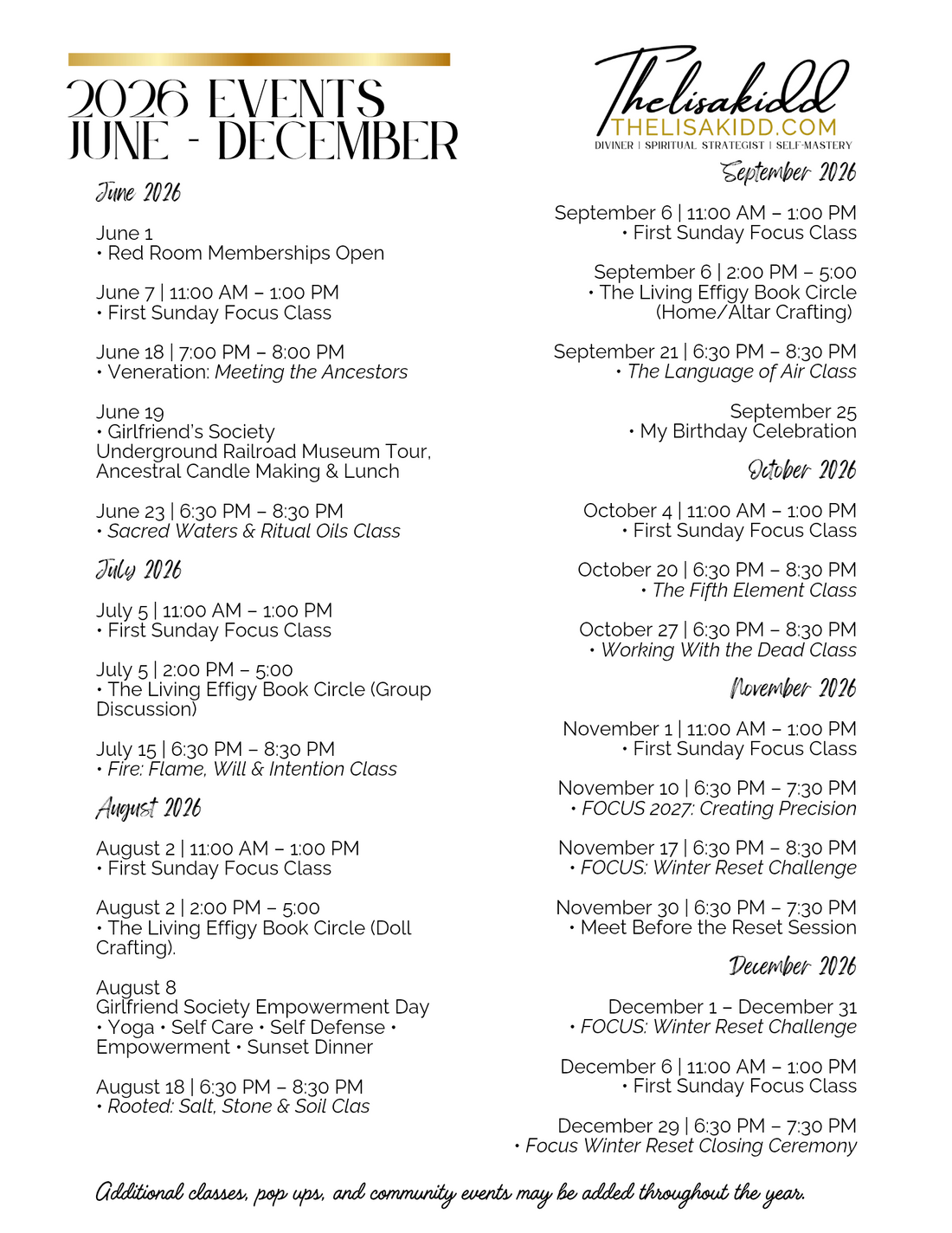 2026 Classes & Events
