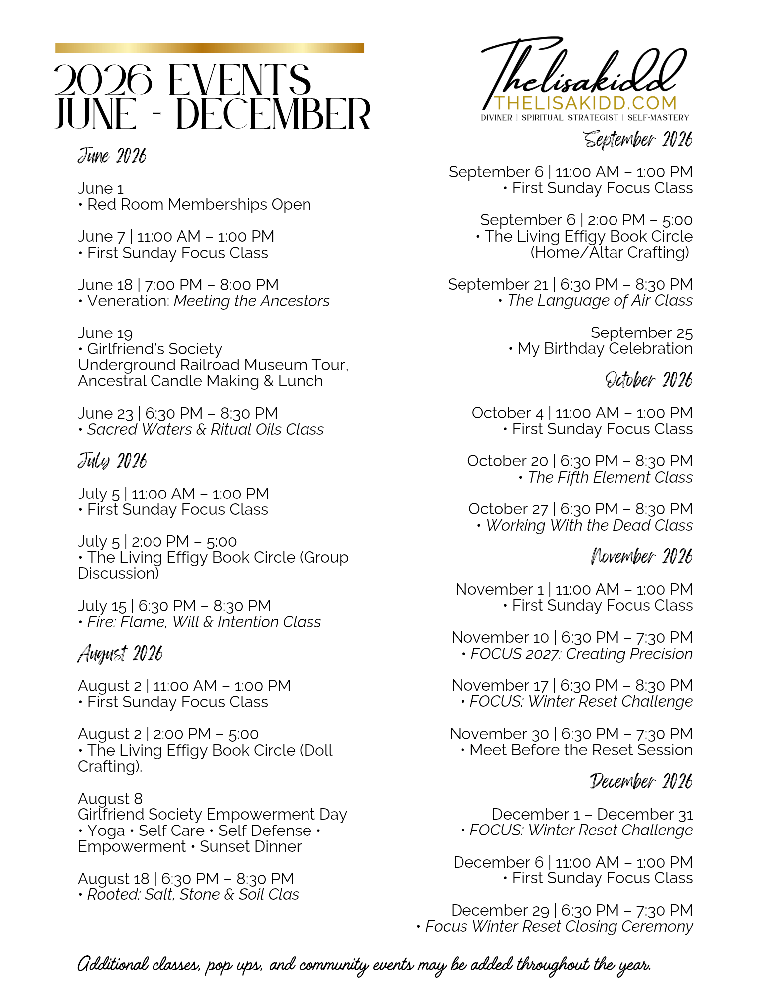 2026 Classes & Events